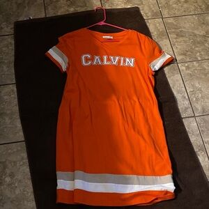 Calvin Klein Orange and White Striped Midi Dress